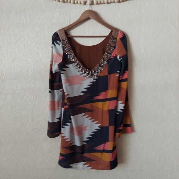 Judith March geometric patterned shift dress long sleeve mini Sz small - Picture 4 of 9